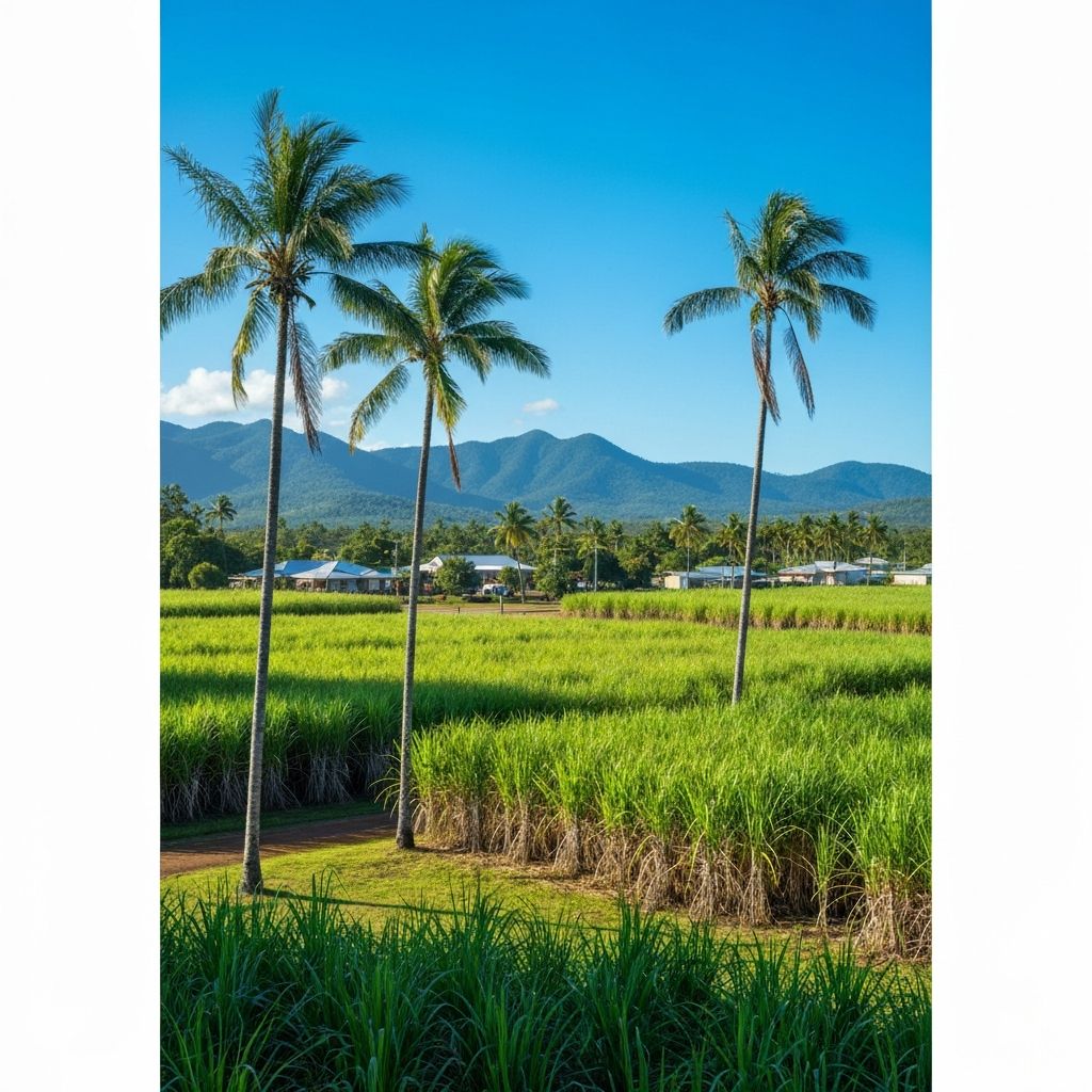 Mossman township with sugarcane fields and mountains in the background, Far North Queensland